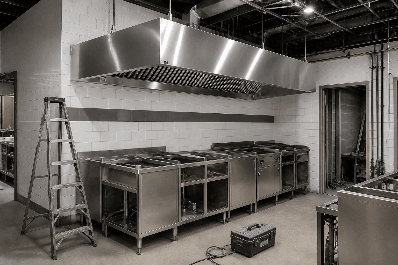 An illustrative commercial kitchen build-out with a newly installed exhaust hood